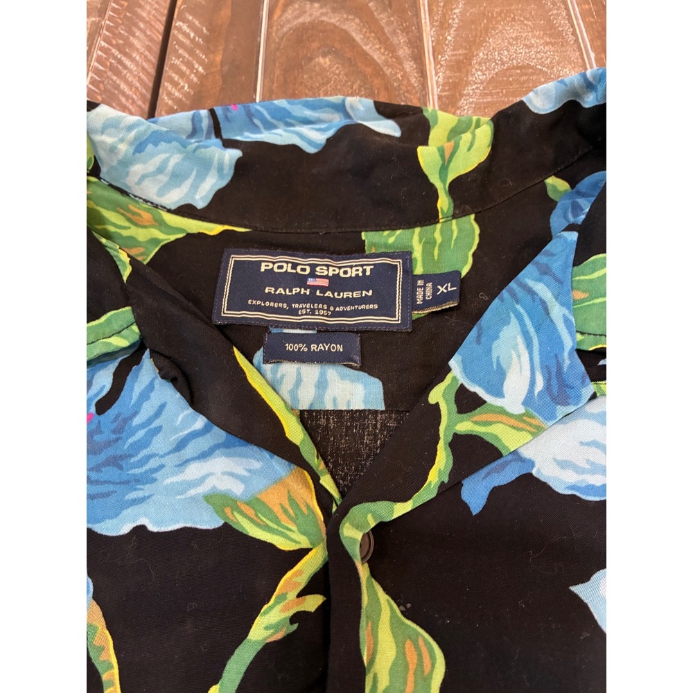 Polo Sport Ralph Lauren Mens‎ XL Rayon Hawaiian Shirt Blue Hibiscus Floral Black